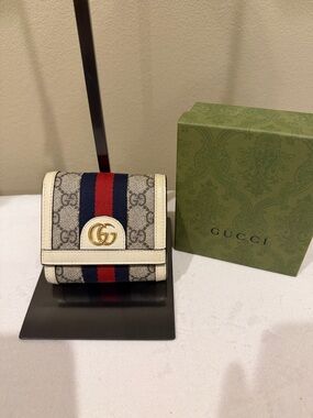 Gucci Beige GG Supreme Mini Wallet with Red & Blue Web and Gold GG